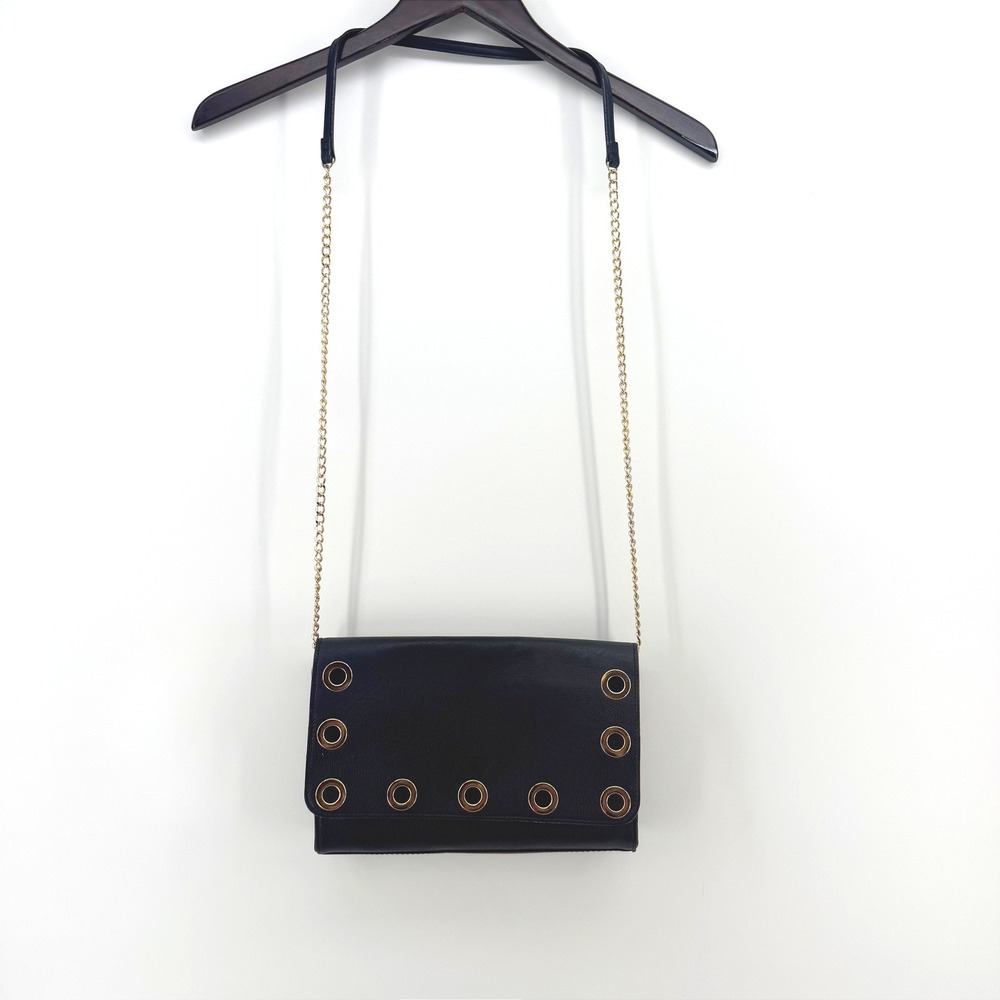 Neiman Marcus Black Pebbled Leather Grommet‎ Crossbody Bag Gold Chain Strap